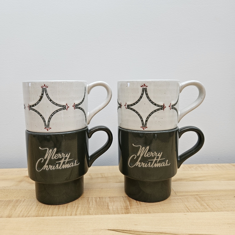 LOT of 4 ~ Hearth & Hand Magnolia Christmas Stoneware Mugs Merry Garland 14oz